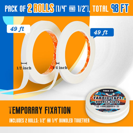 Double-Sided Fabric Tape,Hem Tape No Sew No Iron,1/4"+1/2" (2 Rolls)