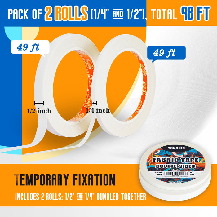 Double-Sided Fabric Tape,Hem Tape No Sew No Iron,1/4"+1/2" (2 Rolls)