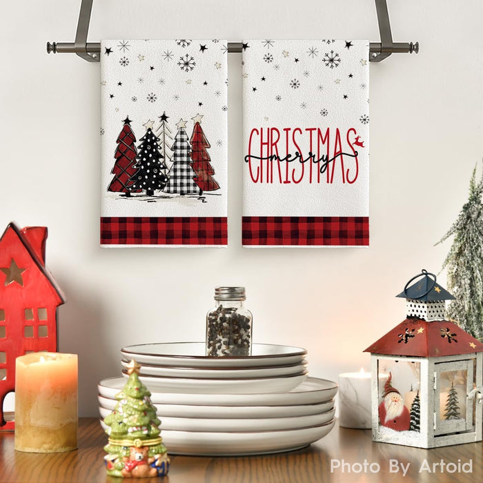 Red Black Snowman Christmas Kitchen Towels Set of 4 18x26 Inch