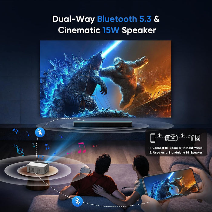 Native 1080P Mini Portable Projector, 2-way Bluetooth, with 80in Screen