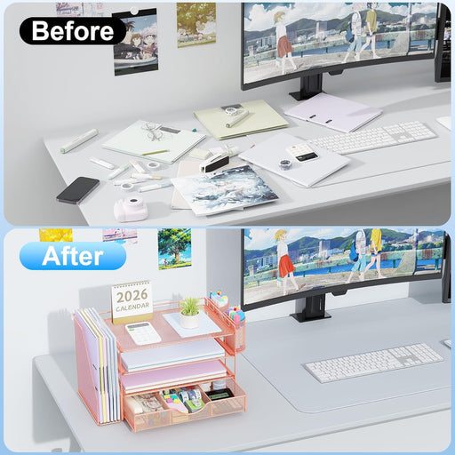 Desk Organizers and Accessories with File Holder, 4-Tier Desk Accessories & Workspace Organizers with Drawer and 2 Pen H