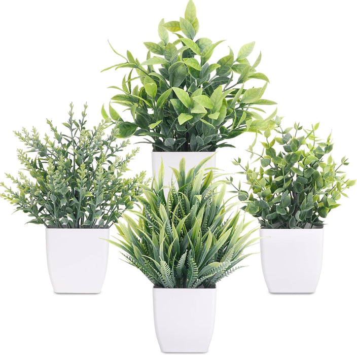 Fake Plants 4 Packs Small Artificial Plants Mini White Potted Greenery Bathroom Accessories Decorations for Desk Bathroom Office Home Room Kitchen Table Decor Indoor