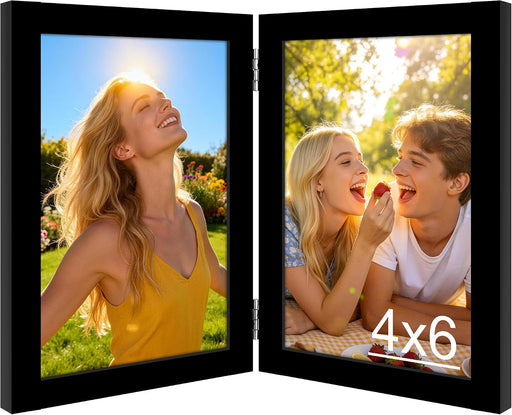 Hinged Double 4x6 Picture Frame, 2-Opening Folding Black Desk Photo Frame with HD Plexiglass, Bifold Frames Tabletop or 