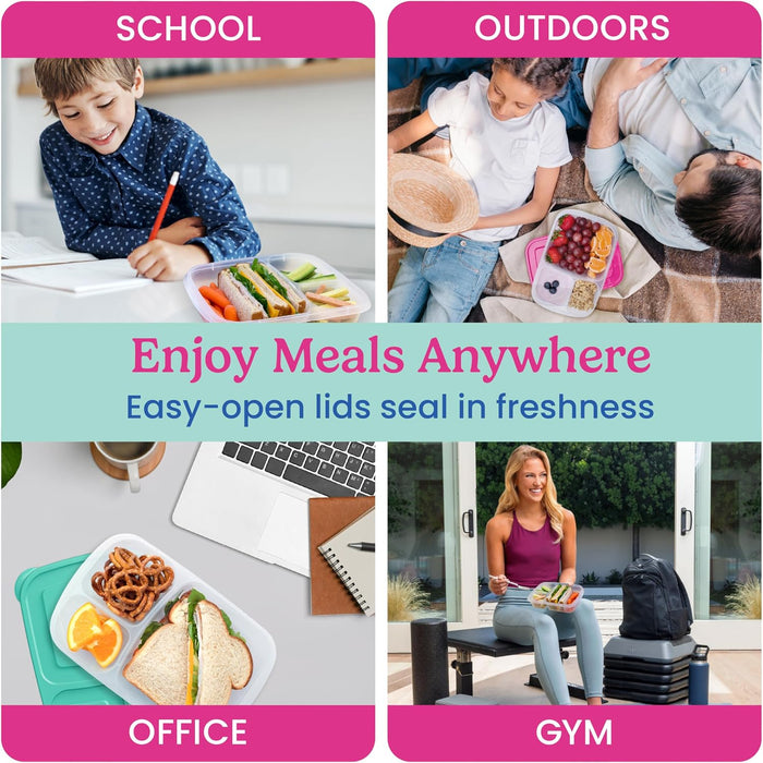 Easyboxes - Original Stackable Lunch Boxes - Reusable 3-Compartment Food Containers for Kids and Adults - Bento Lunch Box for Meal Prep, School, & Work - BPA Free, Set of 4 (Brights)