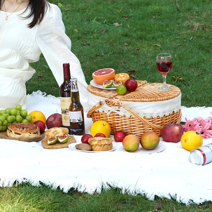 Wicker Picnic Basket with Liner, Empty Picnic Baskets with Lid, Cream
