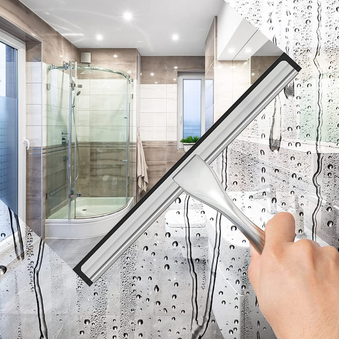 All-Purpose Stainless Steel Shower Squeegee for Shower Glass Door with 2 Adhesive Hooks, Bathroom Cleaner Tool Household