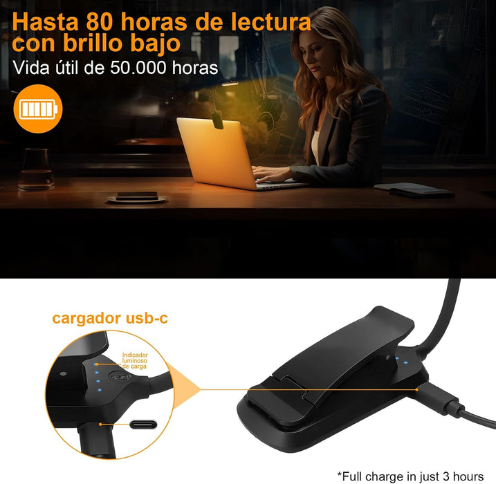 Rechargeable 24 LED Book Light for Reading, 360° Flexible Gooseneck, 5 Color Tones, Clip-on for Books/Tablet/Bed, USB-C,