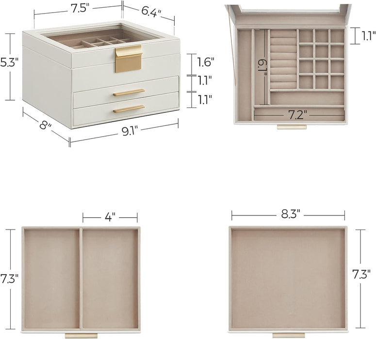 Jewelry Box Organizer, 3-Layer Storage with 2 Drawers, Glass Lid
