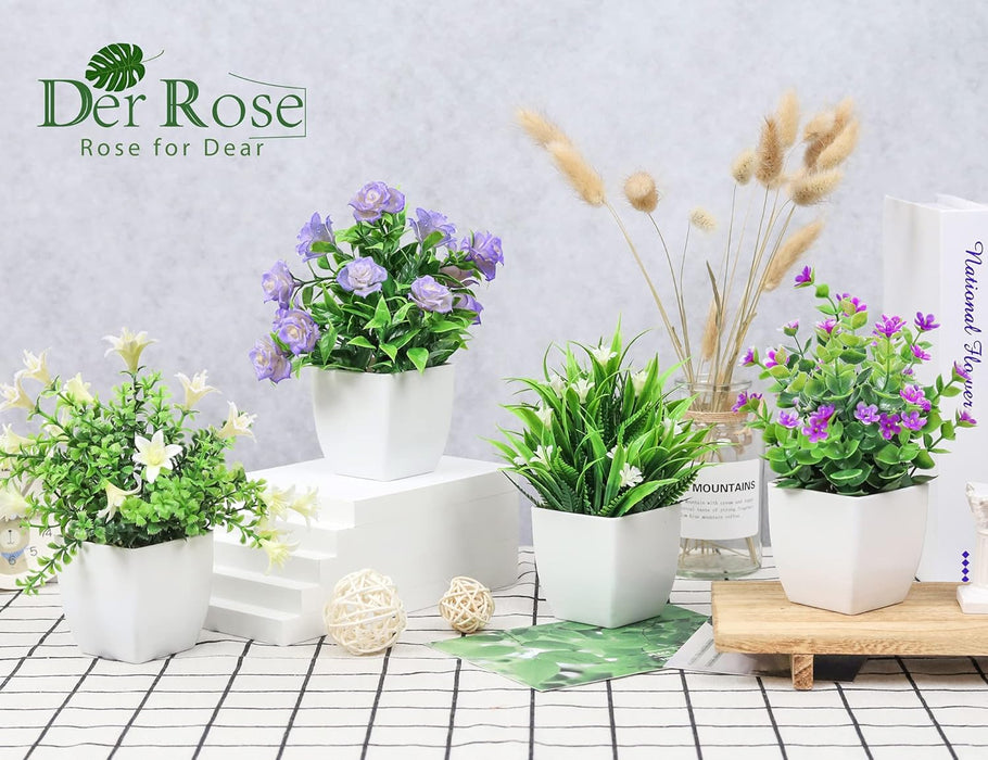 4 Pack Small Fake Plants with Flowers, Spring Home Bathroom Decor
