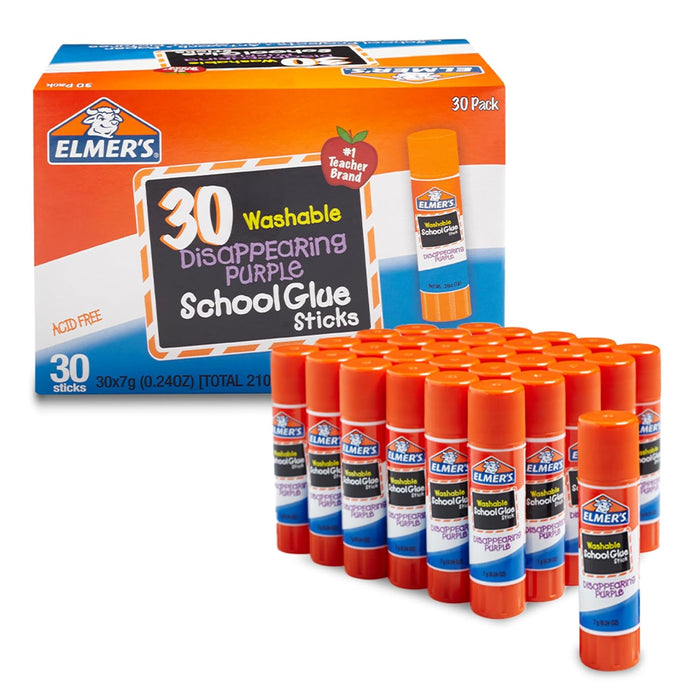 Elmer's Disappearing Purple School Glue Sticks, Washable, 7 Grams, 30 Count - Posters, Back to School, Bulk Pack for Cla