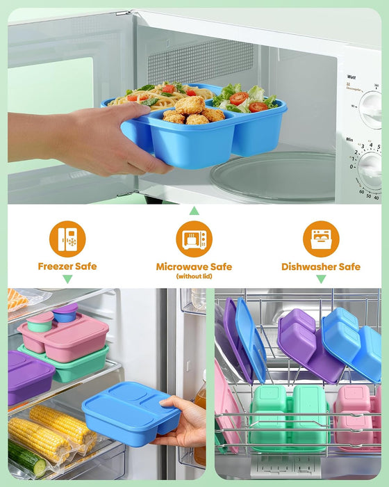 4 Pcs Bento Box Set, Reusable 3 Compartments Snack Boxes with 2 Leakproof Small Containers, Stackable Meal Prep Lunch Co