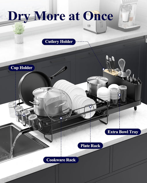Extendable Dish Drying Rack, 19.2"-26.7" L x 12.9" W, Black