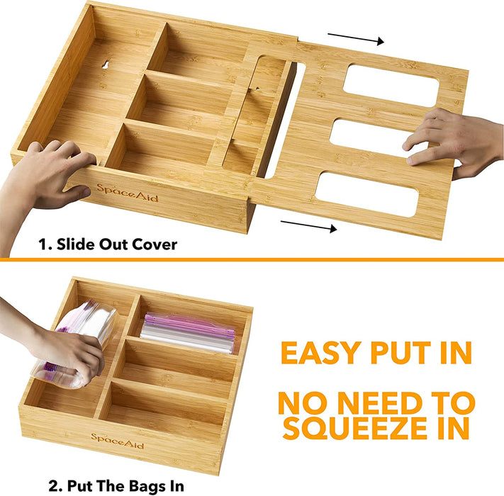 Bag Storage Organizer for Kitchen Drawer, Bamboo Organizer, Compatible with Gallon, Quart, Sandwich and Snack Variety Si