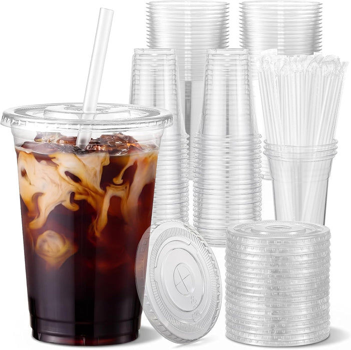 [100 Sets - 16oz] Clear Plastic Cups with Lids and Straws, Disposable Iced Coffee Cups for Smoothie, Milkshake, Cold Drinks - BPA free
