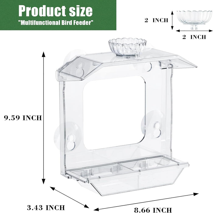 Clear Window Bird Feeder with Strong Suction Cups – Clear Bird Feeding Station with Dual Seed Tray & Water Bowl – Easy t