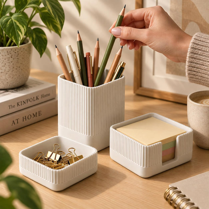 Aesthetic Desk Organizer Set of 3 - Sturdy Concrete Office Accessories