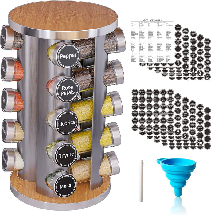 Revolving Spice Rack Set with 20 Spice Jars, Kitchen Spice Tower Organizer for Countertop or Cabinet -- Carousel Storage
