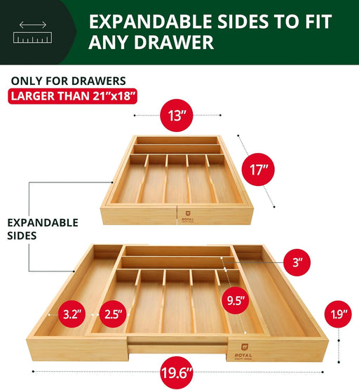 Luxury Bamboo Kitchen Drawer Organizer - Silverware Organizer, Utensil Holder & Cutlery Tray Drawer Dividers for Flatwar