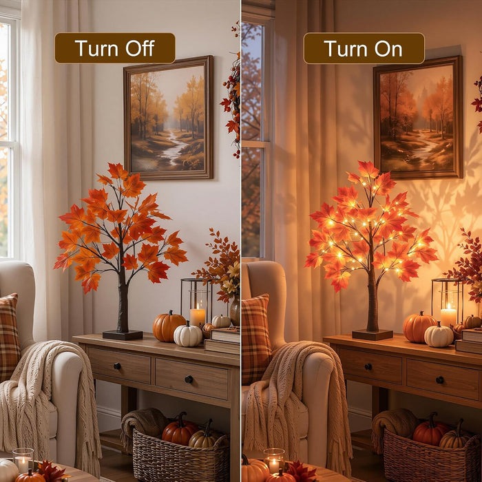 Fall Decor, 2 Pack 24 Inch Fall Trees Lighted Maple with 48 LED Warm Light 96 Pcs Maple Leaves, Autumn Thanksgiving Deco