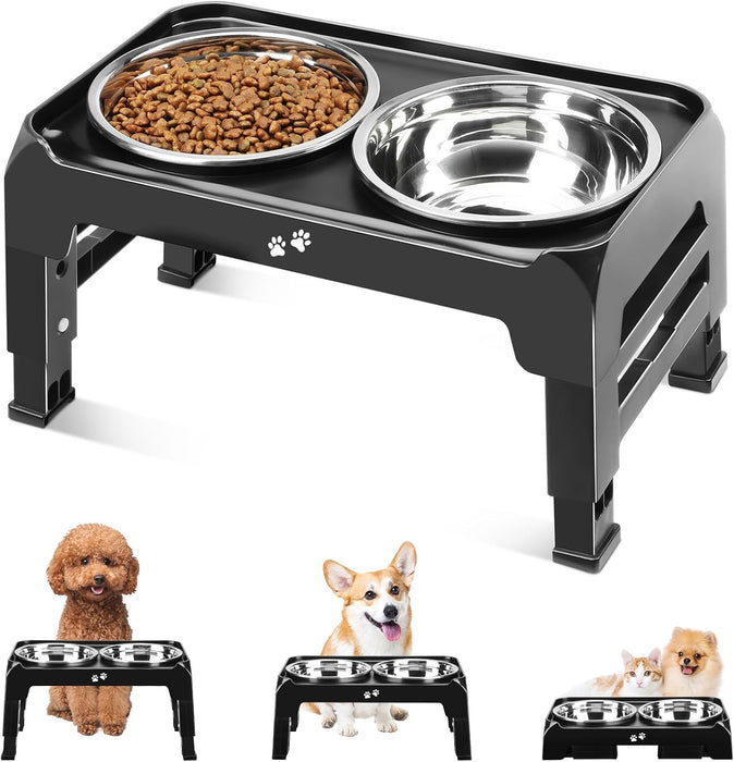 Elevated Dog Bowls for Small Medium Dogs, 3 Height Adjustable Raised Stand with 2 Thick 6" Stainless Steel Food Bowls, N