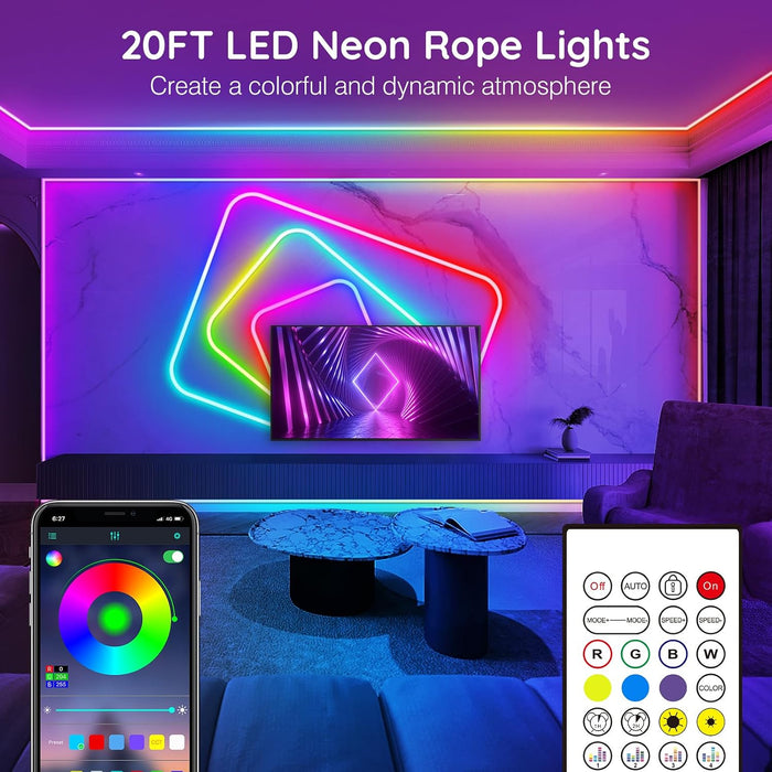 20Ft Neon Rope Lights,Flexible Led Rope Lights Control with App/Remote,Multiple Modes Music Sync Gaming RGB Led Neon Lig