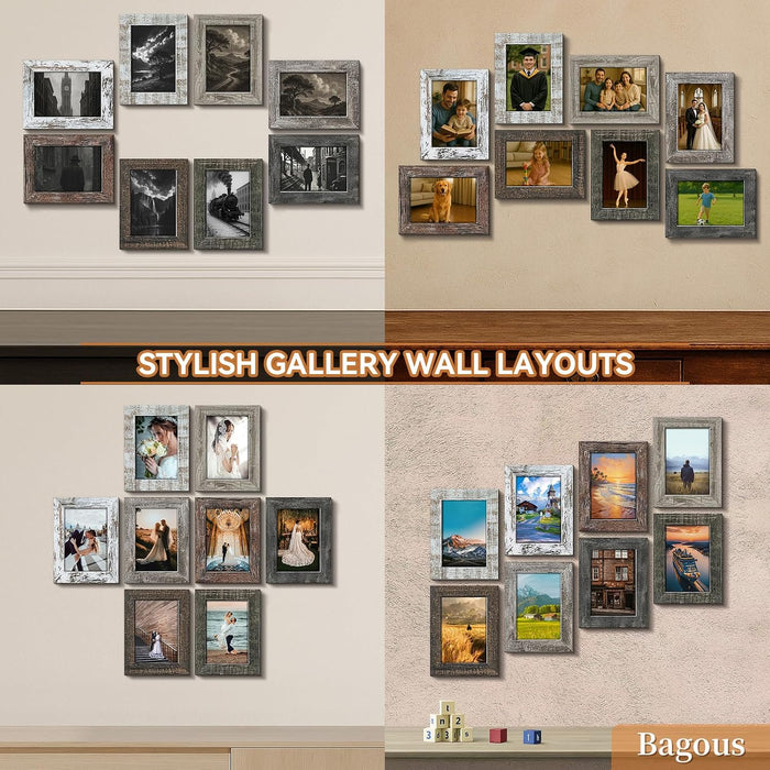 5x7 Picture Frames Set of 8, Vintage Rustic Farmhouse Industrial Style Photo Frames, High Definition Real Glass, for Tabletop or Wall Hanging