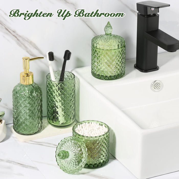 Green Bathroom Accessories Set, 4 Pack Olive Green Bathroom Decor Accessory Sets Complete, Diamond Glass Soap Dispenser 