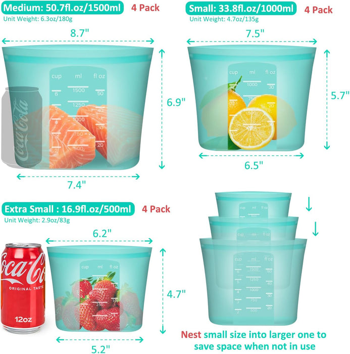 Reusable Food Bags, 12 Pack 100% Silicone Food Storage Bags Stand Up Zip Lock Container, Freezer Microwave Oven Dishwasher Safe, 4 Medium 4 Small 4 Extra Small, Aqua