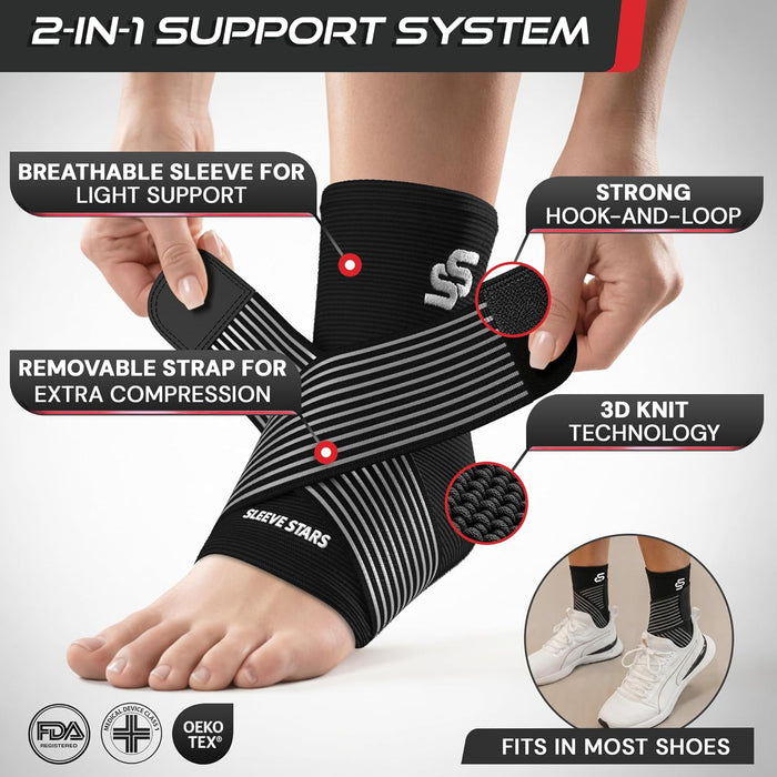 Sleeve Stars Ankle Brace Men & Women Support (Single/M:10"-12"/Black)