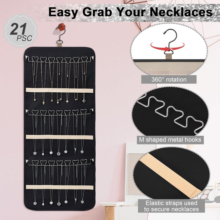 Double-Sided Hanging Jewelry Organizer, Large Black Storage Roll for Earrings, Necklaces, Rings, 48 Pockets 21 Hooks, Durable Oxford Fabric for Closet, Wall, Door, 1 piece, Jewelry Not Included