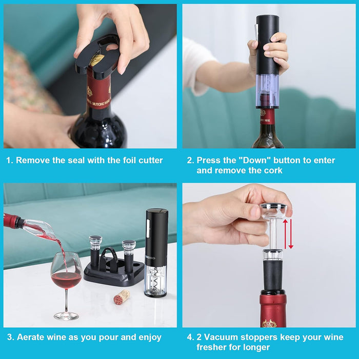 Electric Wine Opener with Charging Base, Cordless Electric Wine Bottle Opener with 2-in-1 Aerator &Pourer, Foil Cutter, 