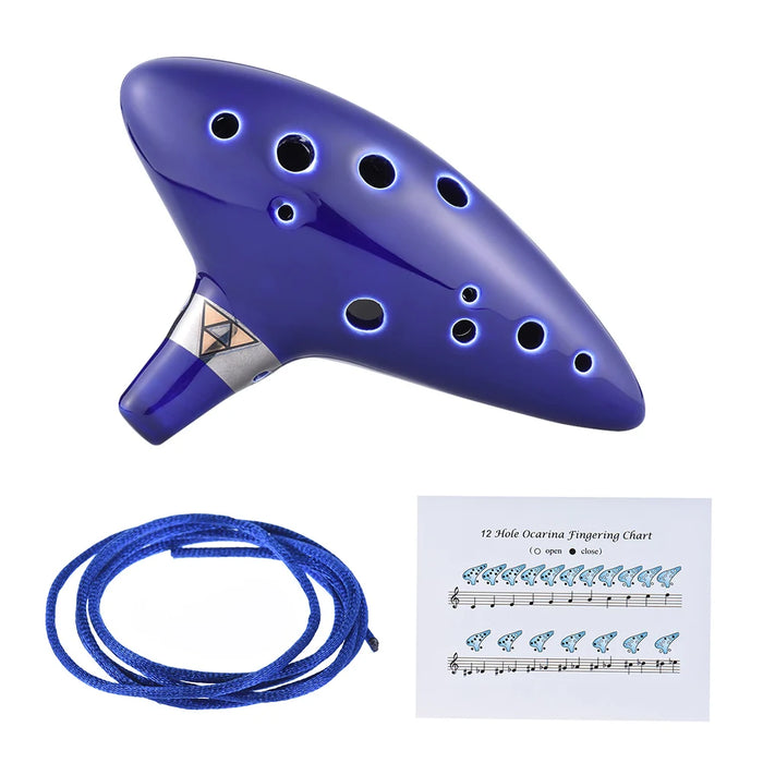 12 Hole Ocarina Ceramic Alto C Vessel Flute Wind Musical Instrument with Simple Music Score Rope for Beginners