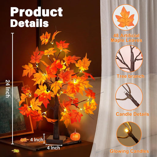 1 Pack 24 Inch Fall Maple Tree with 48LED Battery Operated Lighted Tabletop Artificial Tree with Pumpkin Acorn Maple Fal