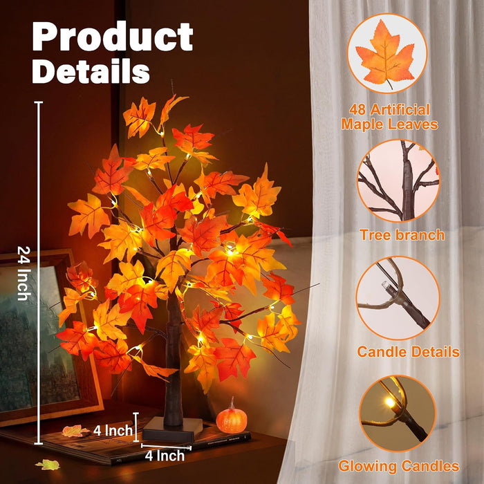 1 Pack 24 Inch Fall Maple Tree with 48LED Battery Operated Lighted Tabletop Artificial Tree with Pumpkin Acorn Maple Fal