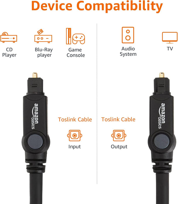 Toslink Digital Optical Audio Fiber Optic Cable, Multi-Channel, for Sound Bar, Audio System, Home Theatre, Game Console, Blu-Ray Player, Gold-Plated Connectors, 6 Foot, Black
