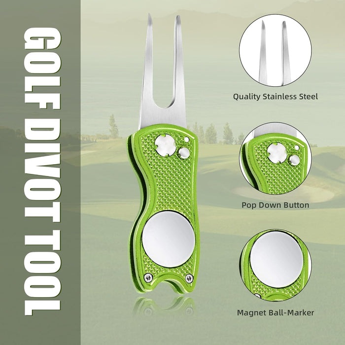 Golf Divot Repair Tool, All Metal Foldable Divot Tool with Pop-up Button & Magnetic Ball Marker, 2-6 Pack