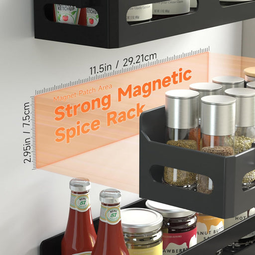 4-Pack Magnetic Spice Rack for Refrigerator with Hooks, Black