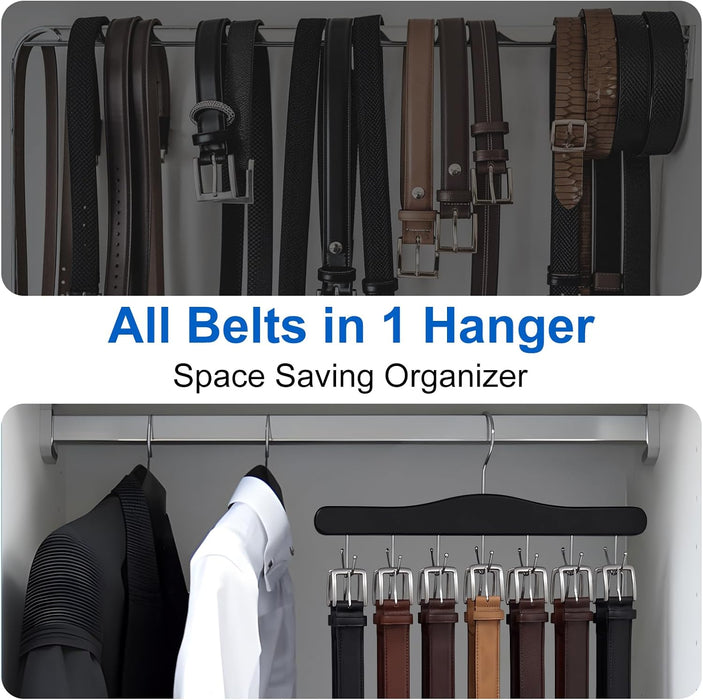 Belt Hanger for Closet, Holds Up to 42 Belts, Sturdy Wooden Belt Rack with 14 Hooks, Space-Saving Belt and Tie Organizer