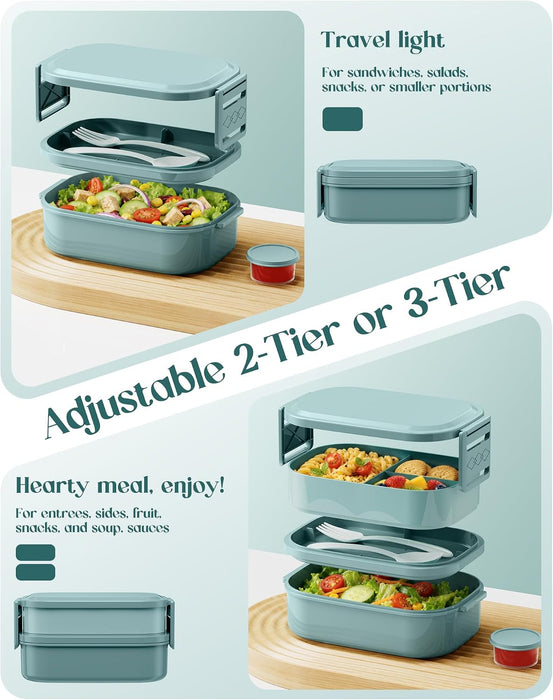 Bento Lunch Box, 65 oz 3-Tier Stackable Lunch Container, Adjustable 2/3 Tier Design, BPA-Free Food-Grade Plastic, Leakpr