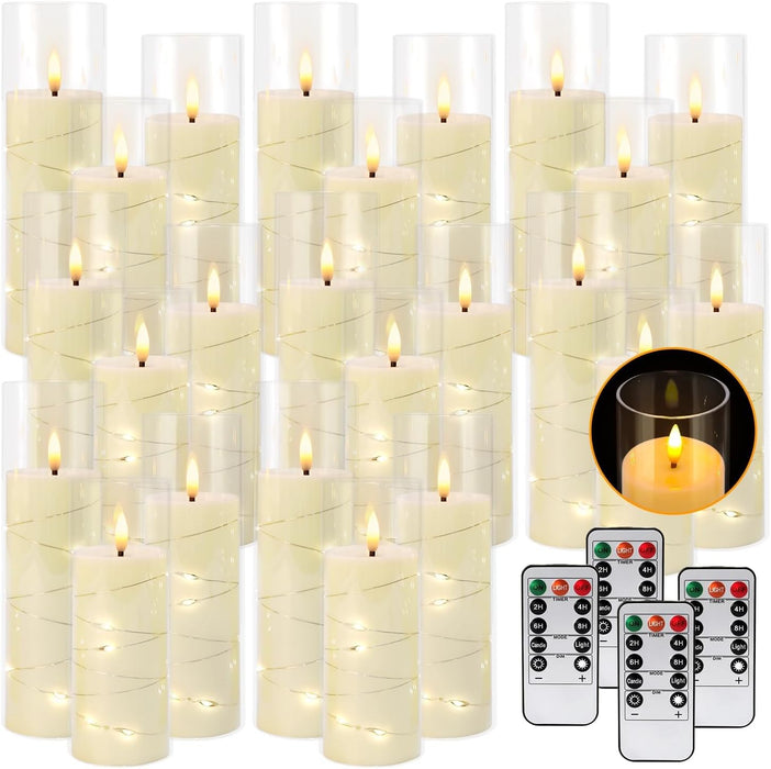 24 Pcs LED Flameless Candles with Remote, 3D Flickering Flame & LED String Lights, Acrylic Clear Cylinder, Timer Function, Romantic Ambience for Home Decor, Party, Wedding (Ivory).