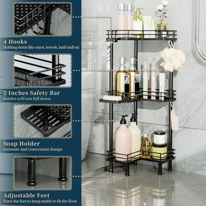 Corner Shower Caddy Standing - 3-Tier Stainless Steel Shower Organizer with Soap Holder and 4 Hooks, Large Capacity Corn