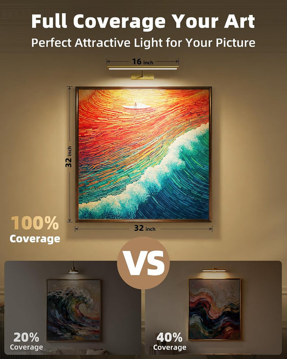 Picture Light for Wall, 4800mAh Rechargeable Wireless Remote, 16‘’ Dimmable Magnetic LED Art Display Light with 3 Color Temperatures, for Gallery, Living Room, Bedroom, Hallway (Gold)