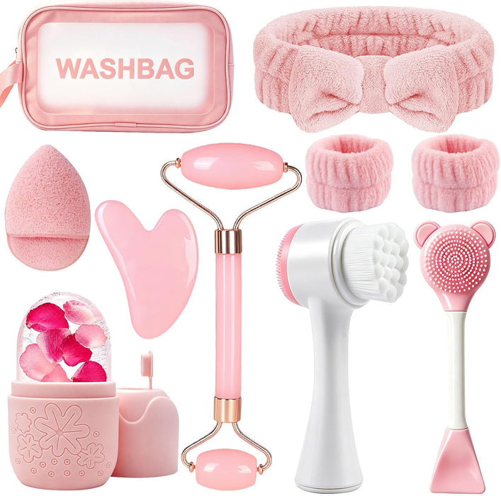 Skincare Tools Set with Face Cleansing Brush, Ice Face Roller & Gua Sha Set