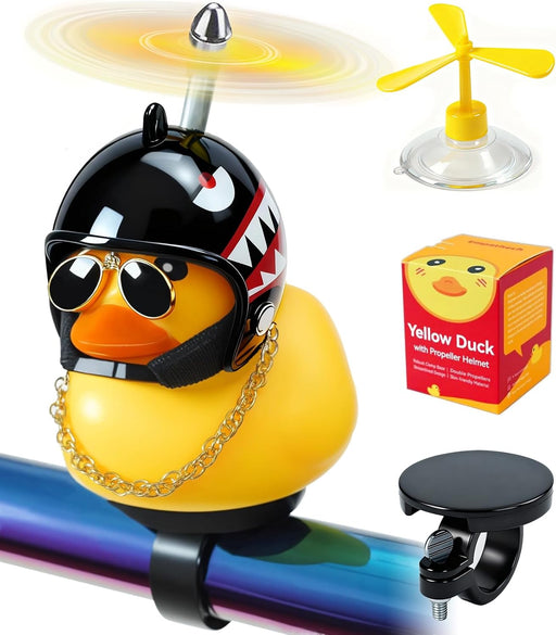 Rubber Duck Bike Decorations [New Stable Clamp Mount] Cute Squeak Duck Bike Bell [Two Helmet Propeller] Funny Bike Acces