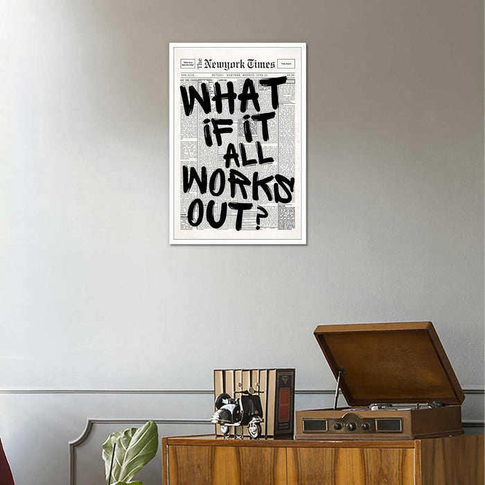 Retro Black And White Newspaper Poster What If It All Works Out Canvas Wall Art Positive Affirming Quote Minimalist Prints Painting For Home Bedroom Dorm Wall Decor 8x12in Unframed