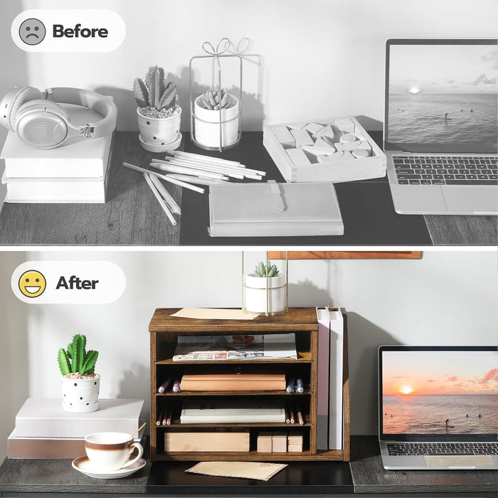 Mail Sorter, Literature Organizer with Adjustable Shelves, Paper Organizer for Office, Home, Wood Countertop File Holders, Mails, Magazines, Rustic Brown FG41WF01