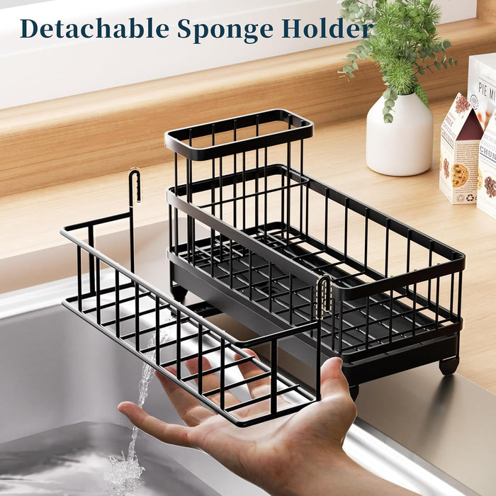 Sponge Holder for Kitchen Sink - Auto Draining Sink Caddy Organizer with Detachable Rack, High Brush Holder, Kitchen Cou