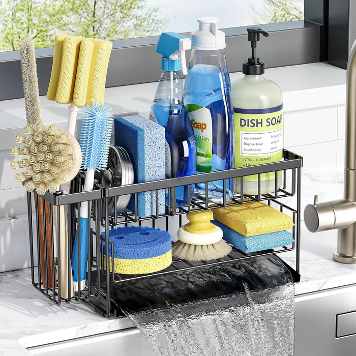 2-Tier Kitchen Sink Caddy Organzier Rack with Dish Brush Sponge Holder