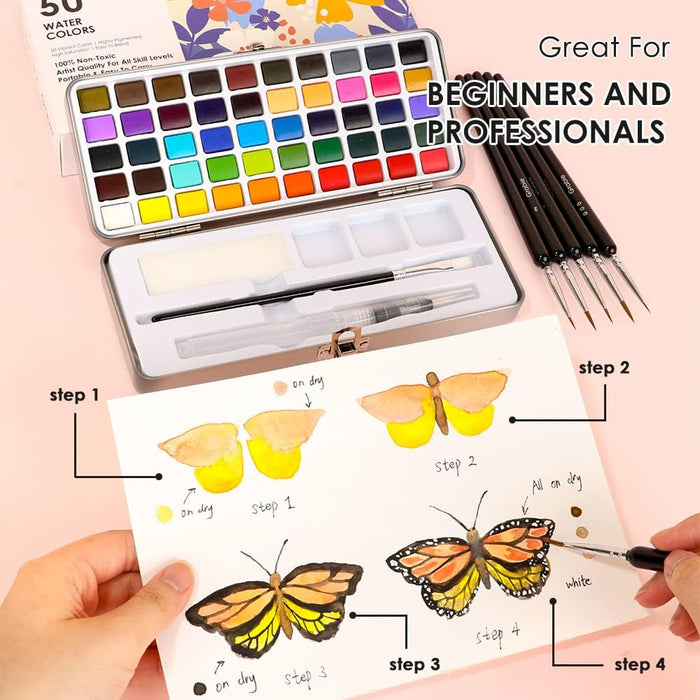 50 Color Watercolor Paint Set with Brush Pens