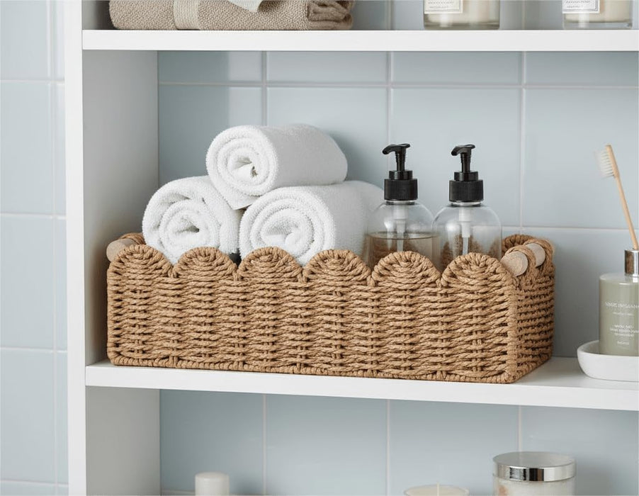 Scalloped Toilet Paper Storage Basket W/Handle for Home Decor